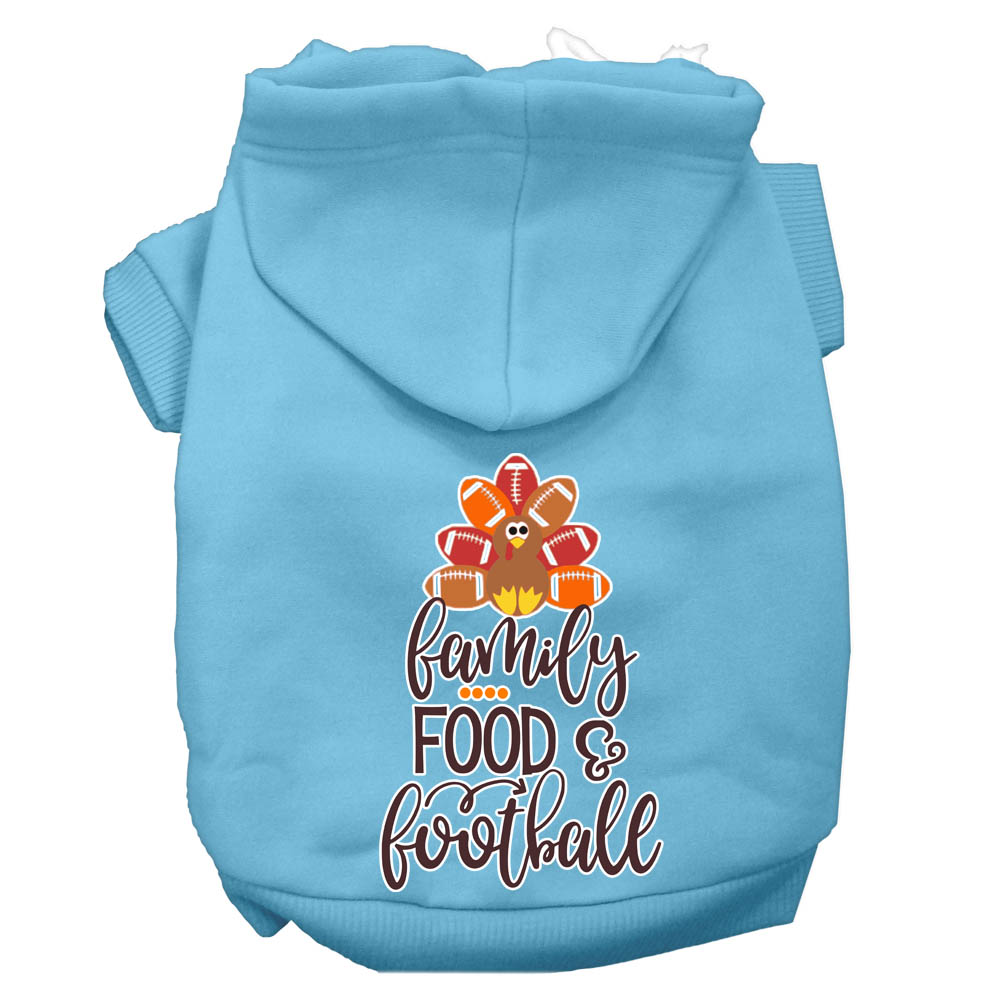 Family, Food, and Football Screen Print Dog Hoodie Baby Blue L